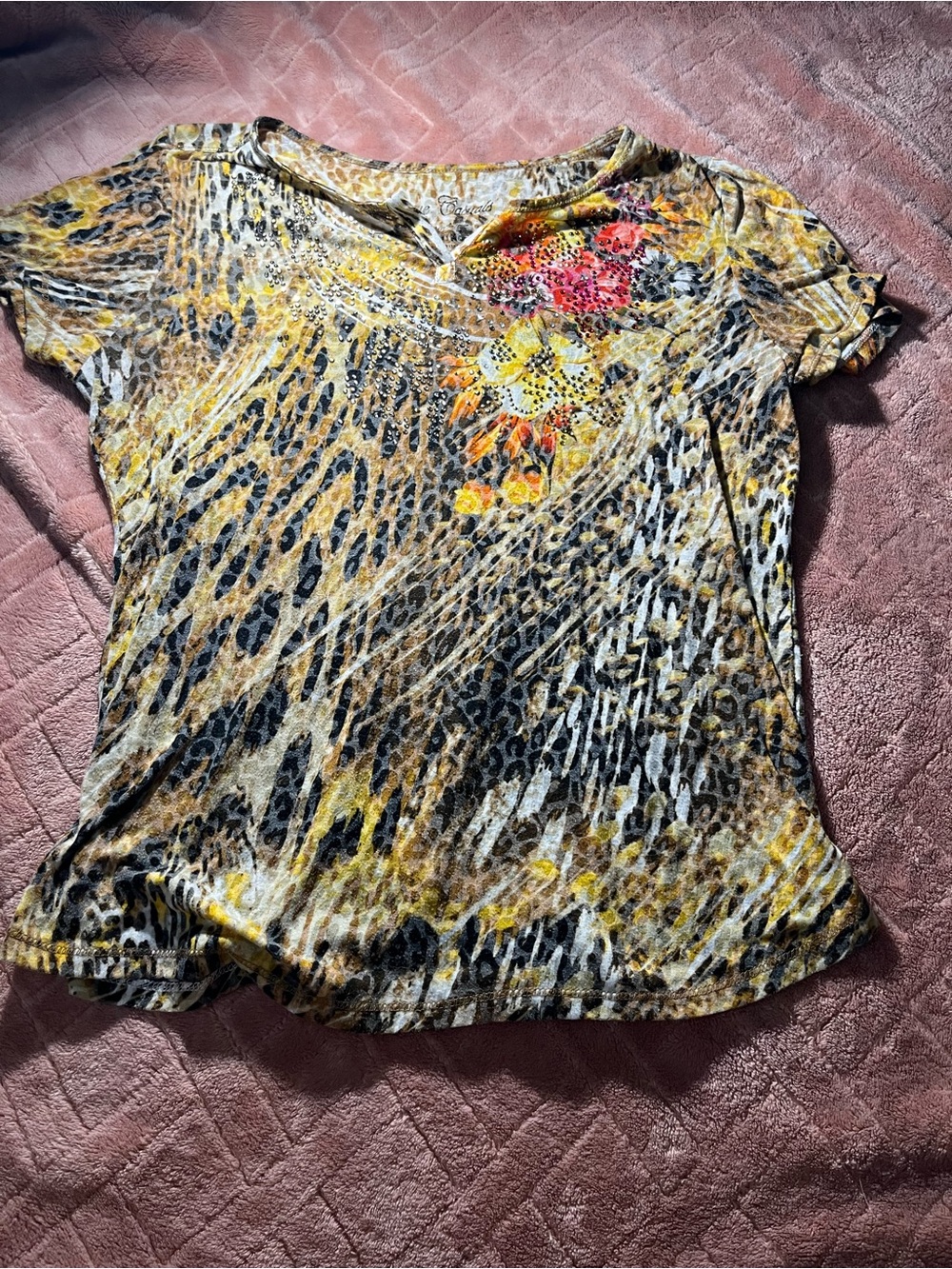 Onque Casuals Yellow Animal Print Short Sleeve Top with Floral Detail